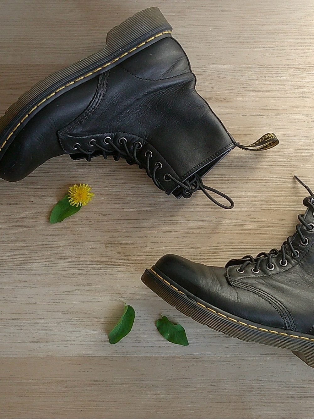 Dr. Martens Black Leather Combat Boots with Yellow Stitching